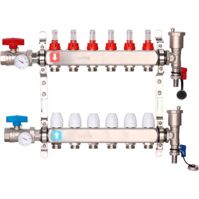 Коллектор регулируемый с запорными клапанами GAPPO 8-вых.x1"x3/4" G426.8